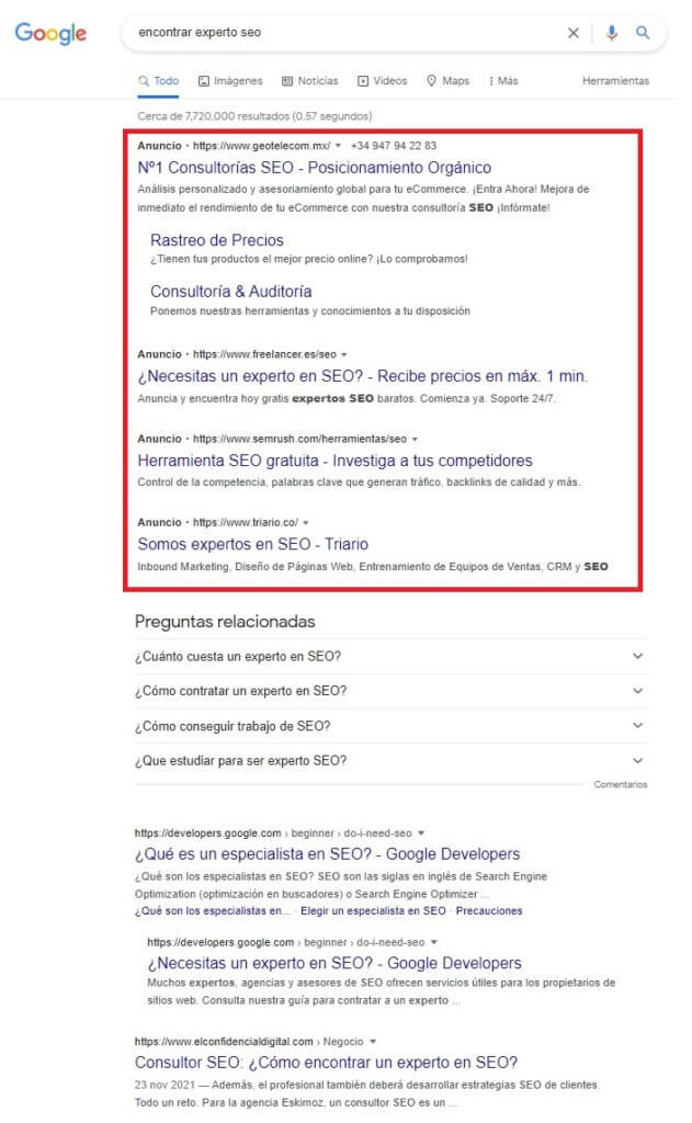 Anuncios de Google Ads en una SERP