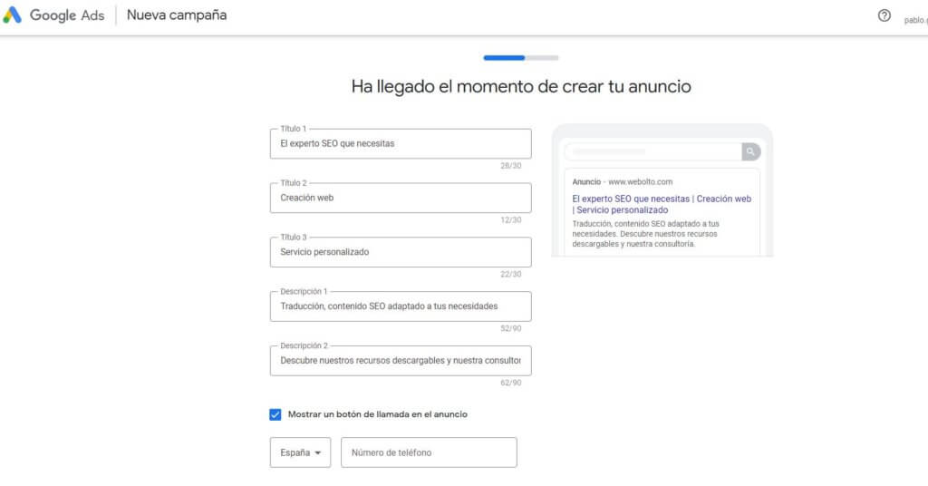 Texto del anuncio en Google Ads