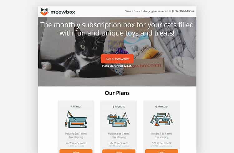 Landing page de ecommerce de suscripción de Meowbox