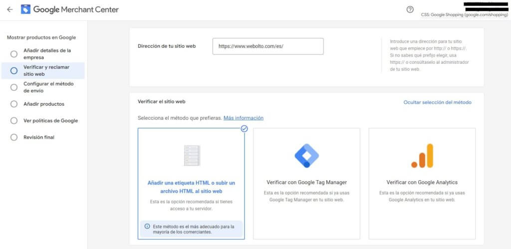 Verificar el sitio web en el Google Merchant Center