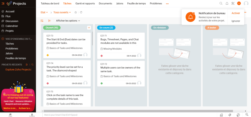 Interfaz de Zoho Projects