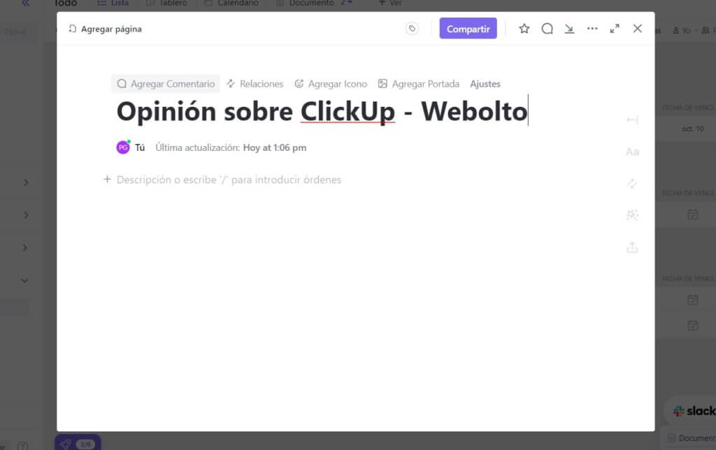 Agregar nuevo documento en ClickUp