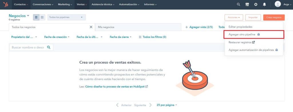 No es posible agregar un pipeline de ventas en la versión gratuita de HubSpot