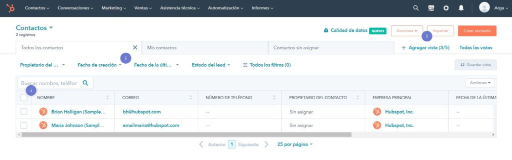 Interfaz del CRM de HubSpot