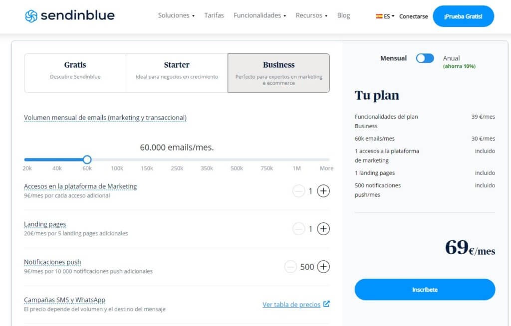 Tarifa del plan Business de Sendinblue en función del número de correos electrónicos enviados