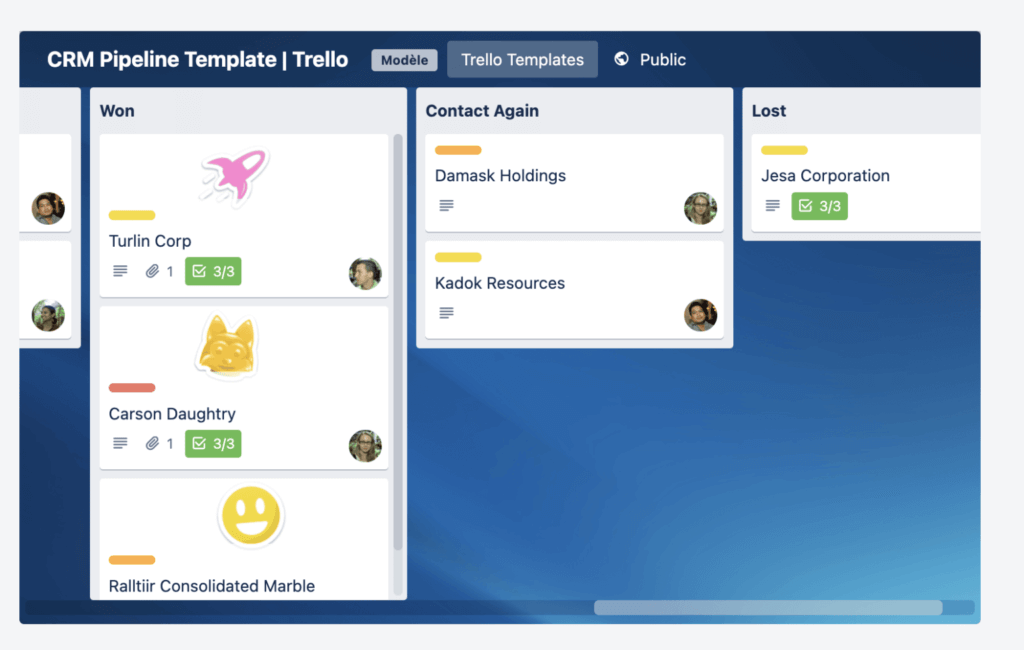 Software de CRM gratis con la plantilla de pipeline de Trello