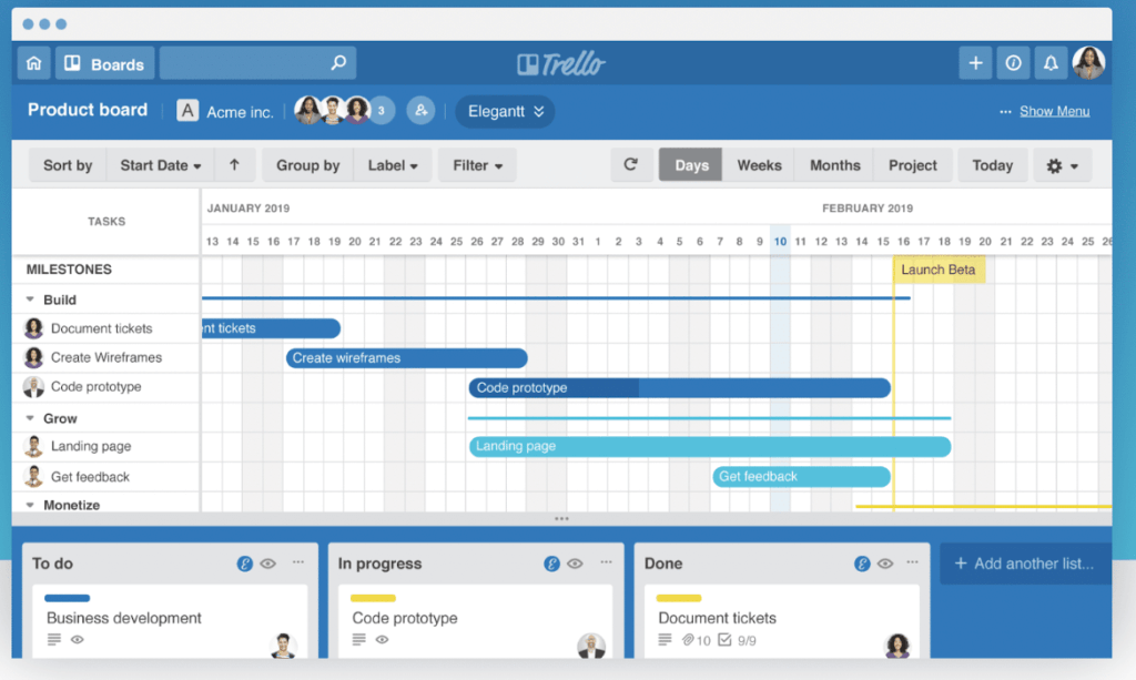 Cronograma de proyecto creado con Trello