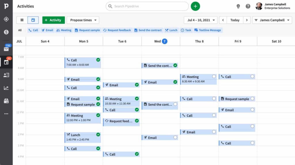 Calendario de tareas en Pipedrive CRM