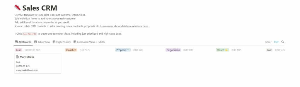 Plantilla de CRM gratis en Notion