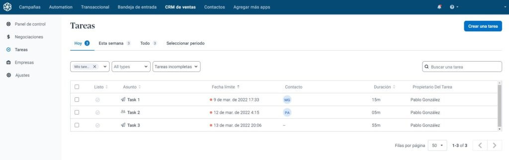 Gestión de tareas en Sendinblue CRM