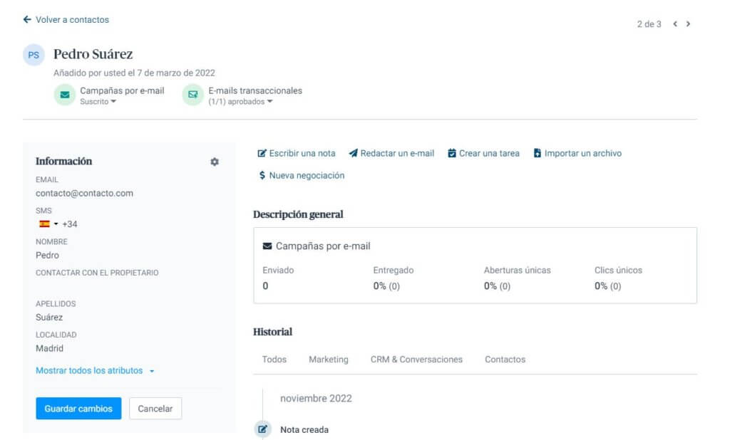 Ficha de contacto en Sendinblue CRM