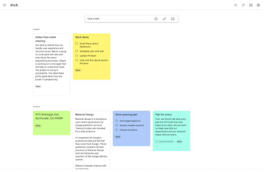 Interfaz de Google Keep