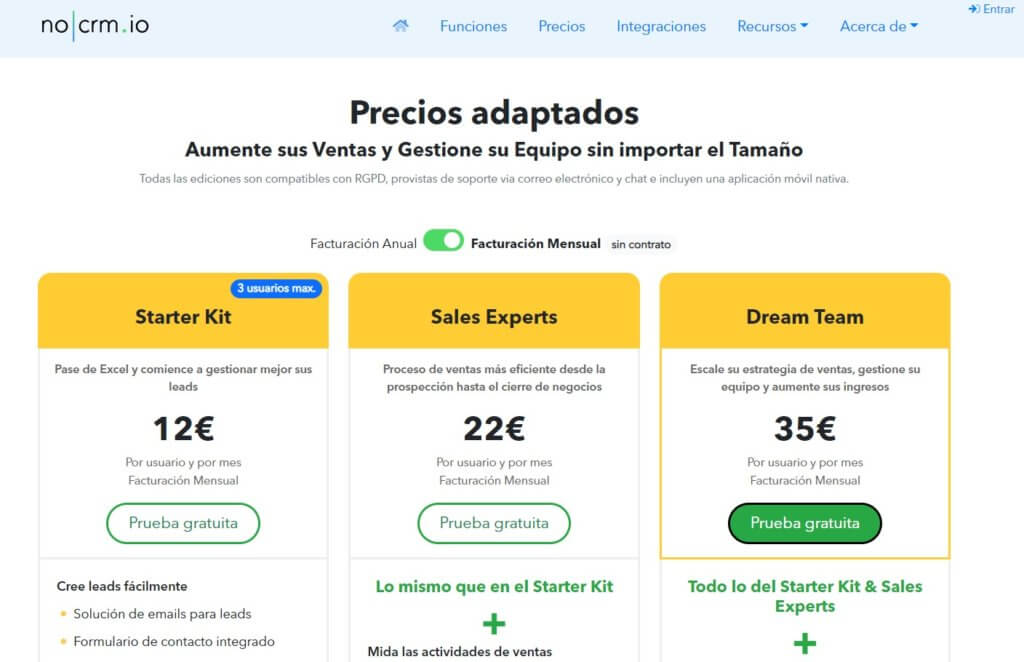 Ejemplo de precios de noCRM