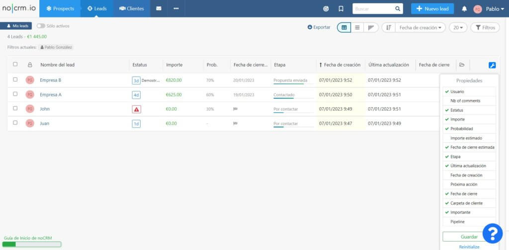 Panel de leads en noCRM.io