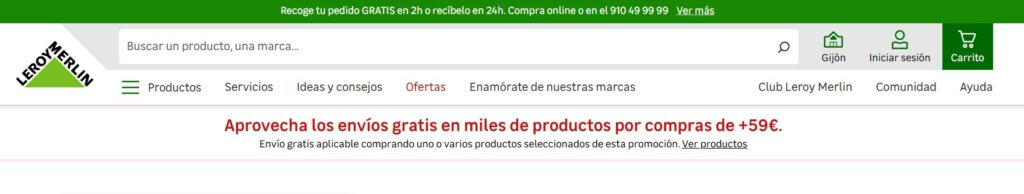 Cabecera de ecommerce de Leroy Merlin