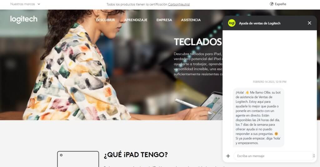 Ejemplo de combinación de chat automatizado y humano para generar confianza en el ecommerce de Logitech