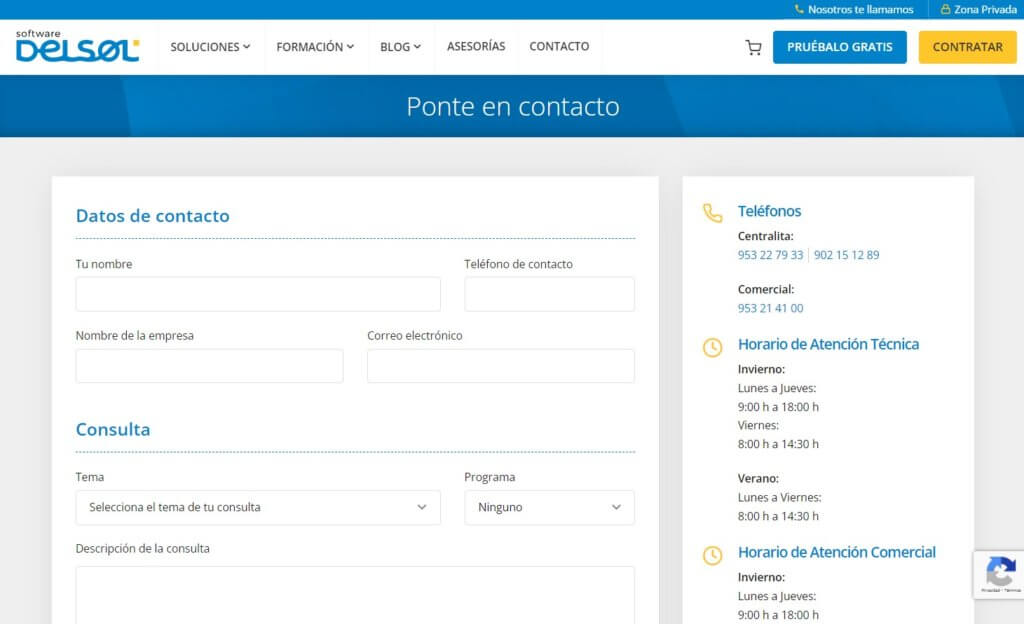 Página de contacto de Software Delsol