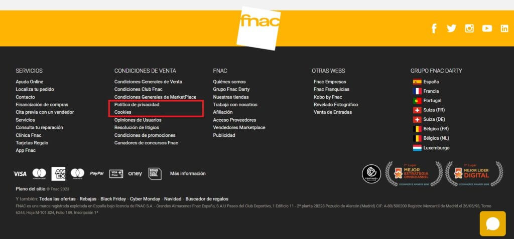 Páginas de privacidad y cookies en el pie de página de Fnac