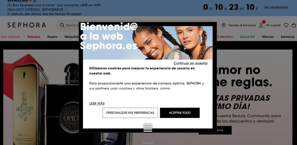 Información relativa al uso de cookies en una ventana emergente del ecommerce de Sephora