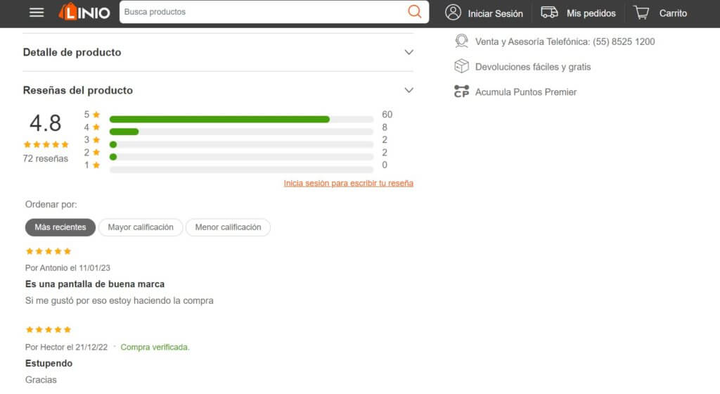 Ejemplo de reseñas de clientes en el ecommerce de Linio