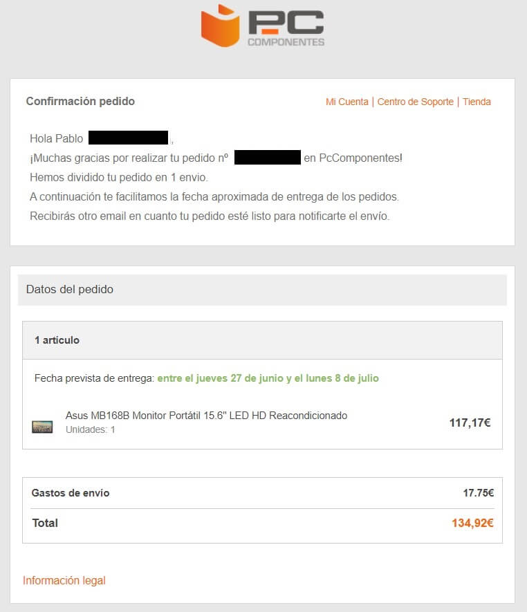 Email de confirmación de compra de PcComponentes