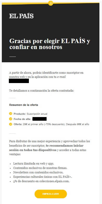 Bienvenida a la comunidad de miembros como parte del email marketing del periódico El País