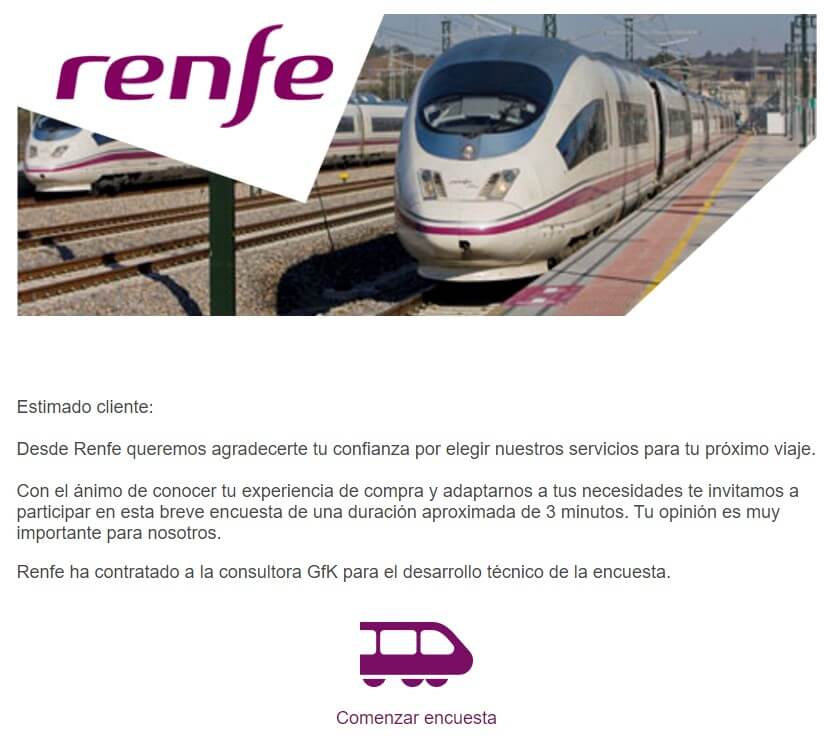 Email de encuestas de satisfacción de Renfe