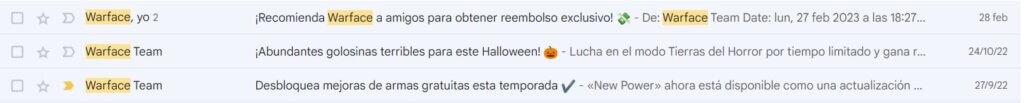 ejemplos de líneas de asunto de email marketing de Warface