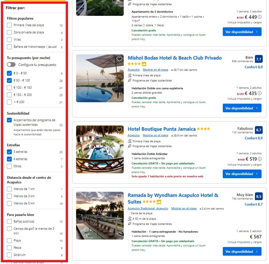Uso de filtros en ecommerce, ejemplo de Booking