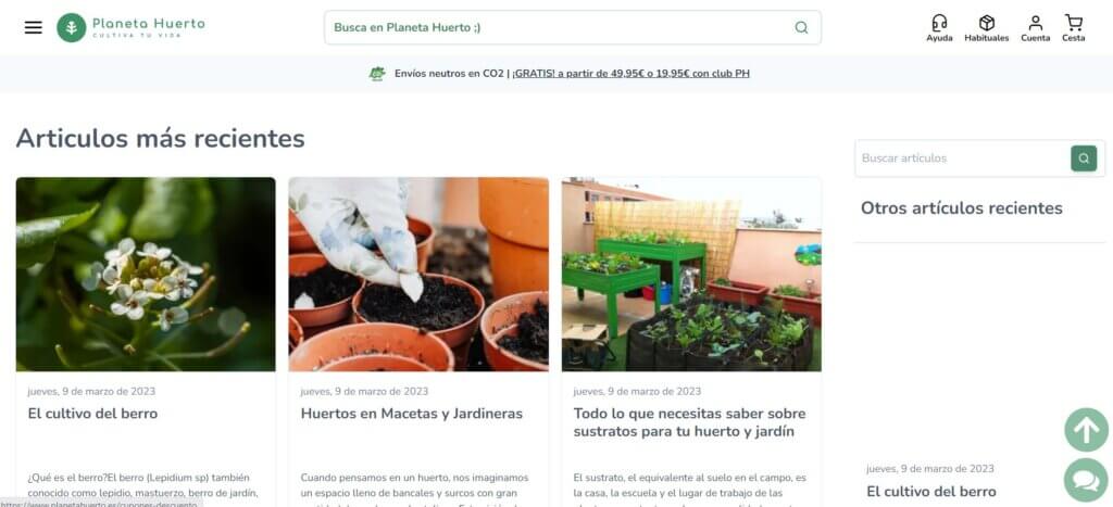 Uso de blog integrado en el ecommerce de Planeta Huerto