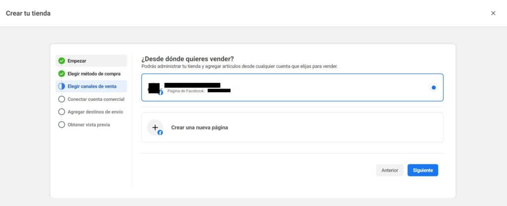 Elegir canales de venta en Facebook