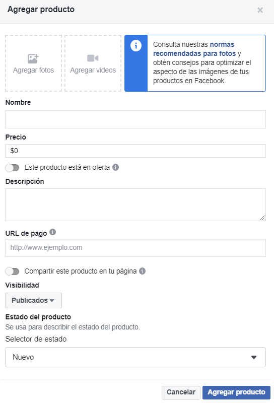 Agregar un producto a la tienda de Facebook