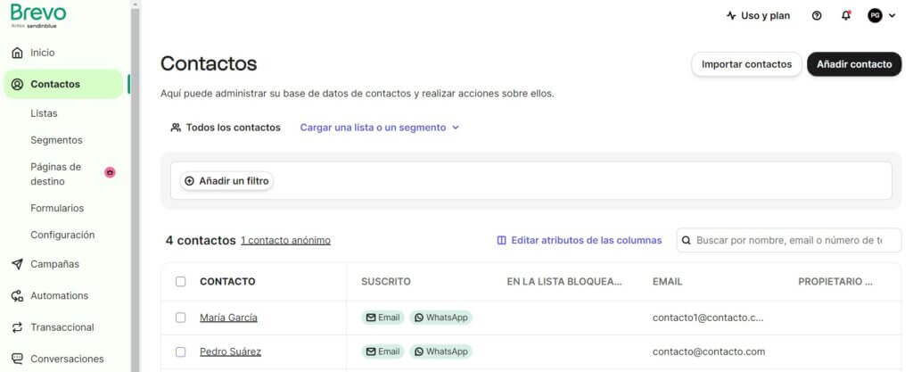 Contactos en Brevo CRM