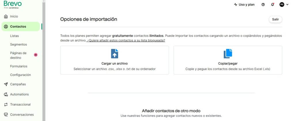 Importar contactos en Brevo CRM