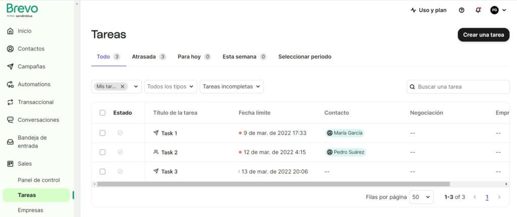 Tareas en Brevo CRM