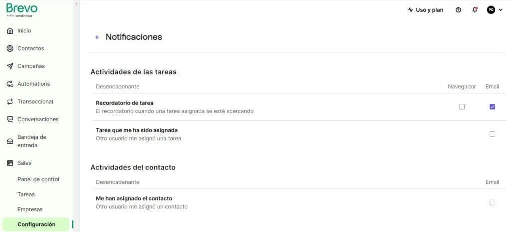 Notificaciones de tarea en Brevo CRM