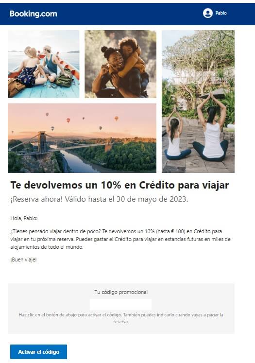 Campaña de email marketing de Booking