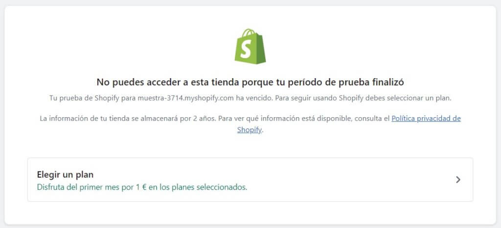 Prueba de Shopify agotada