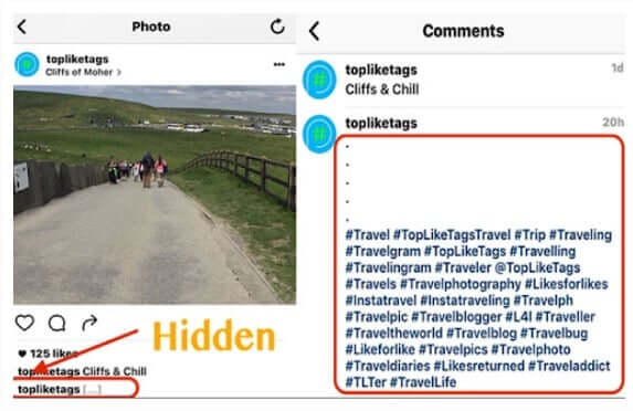 Hastags añadidos en un comentario de Instagram