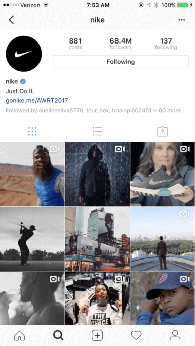 Feed de Instagram de Nike con vídeos en directo