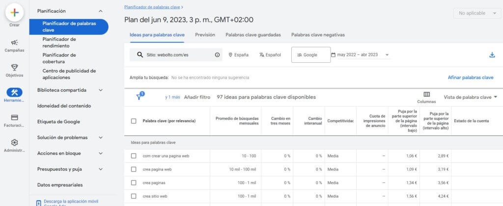 Herramienta para buscar nuevas palabras clave de Keyword Planner