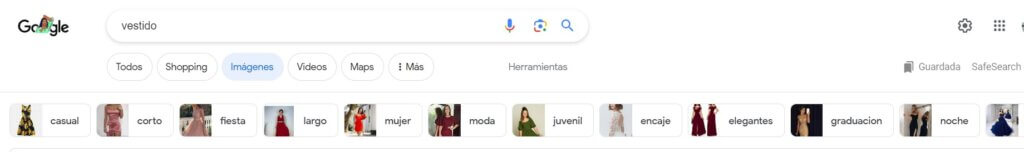 Palabras clave secundarias de vestido en Google Images