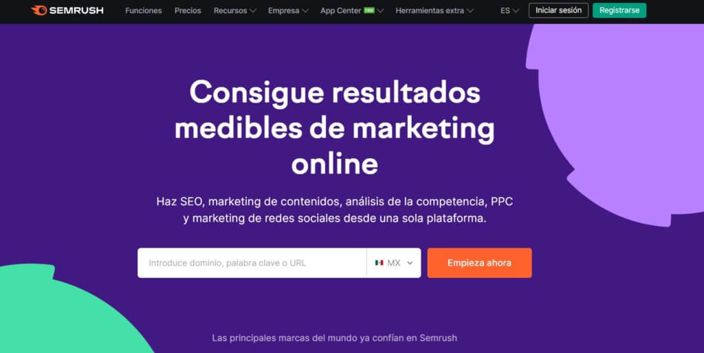 Página principal de Semrush