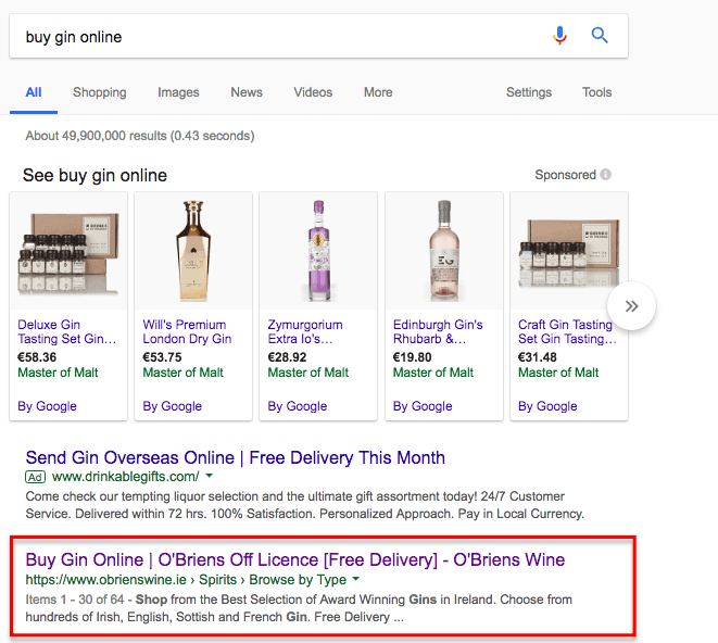 Búsqueda comercial en Google de Irish gin