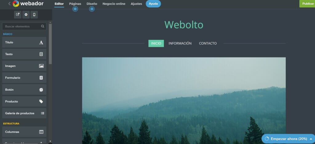Editar tu sitio web con Webador