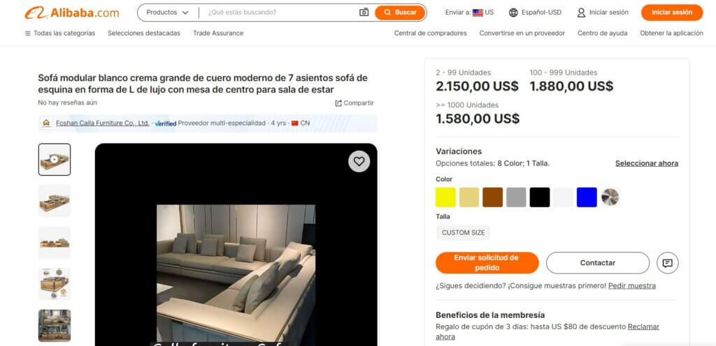 Ejemplo de ficha de producto en Alibaba