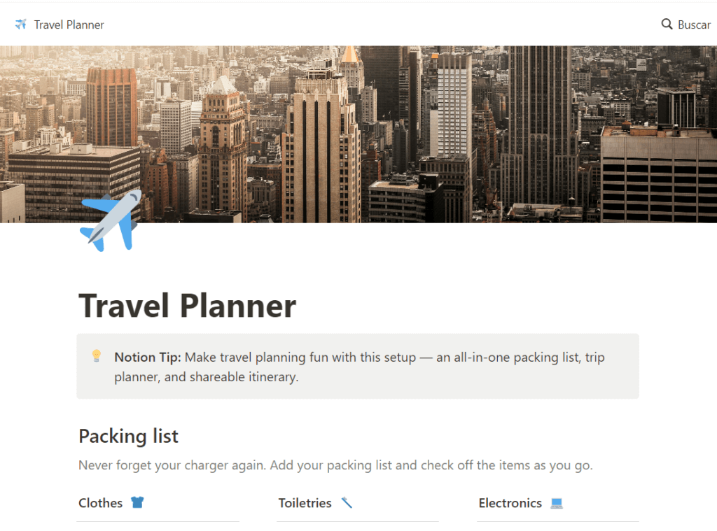 Plantilla de Notion de planificación de un viaje