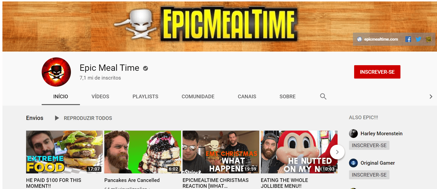 página do youtube da Epic Meal Time