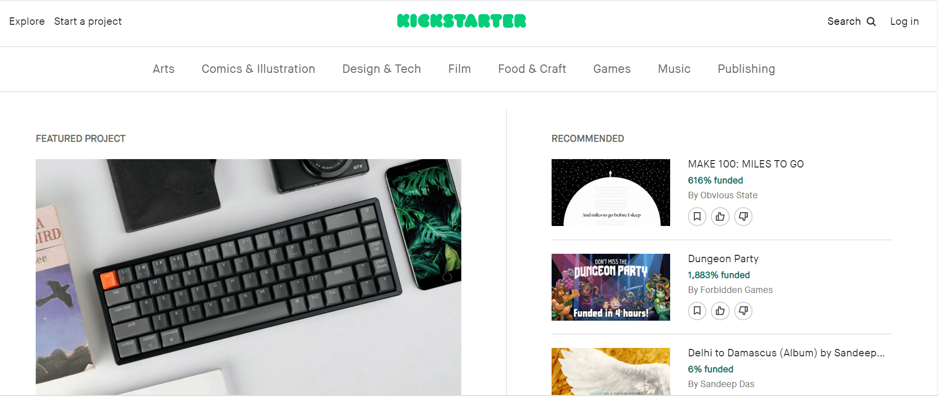 Página inicial do kickstarter