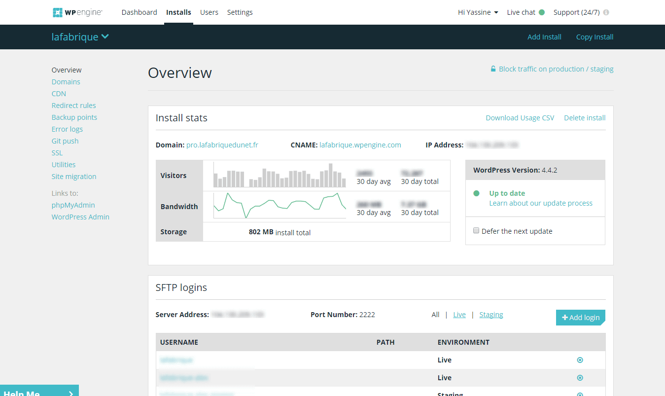 interface da WP engine